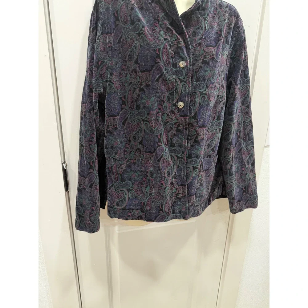 Vintage Paisley Velvet Jacket Women's Button Up Collar Blue Purple‎ Green M